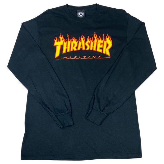 Y2K Black Thrasher Magazine Flaming Logo Skateboarding Long-Sleeve Tee Medium