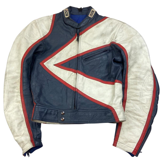 VTG 80s IXS LEATHER BIKER JACKET  ZIP MOTORCYCLE RACING ROCKER 34” XS