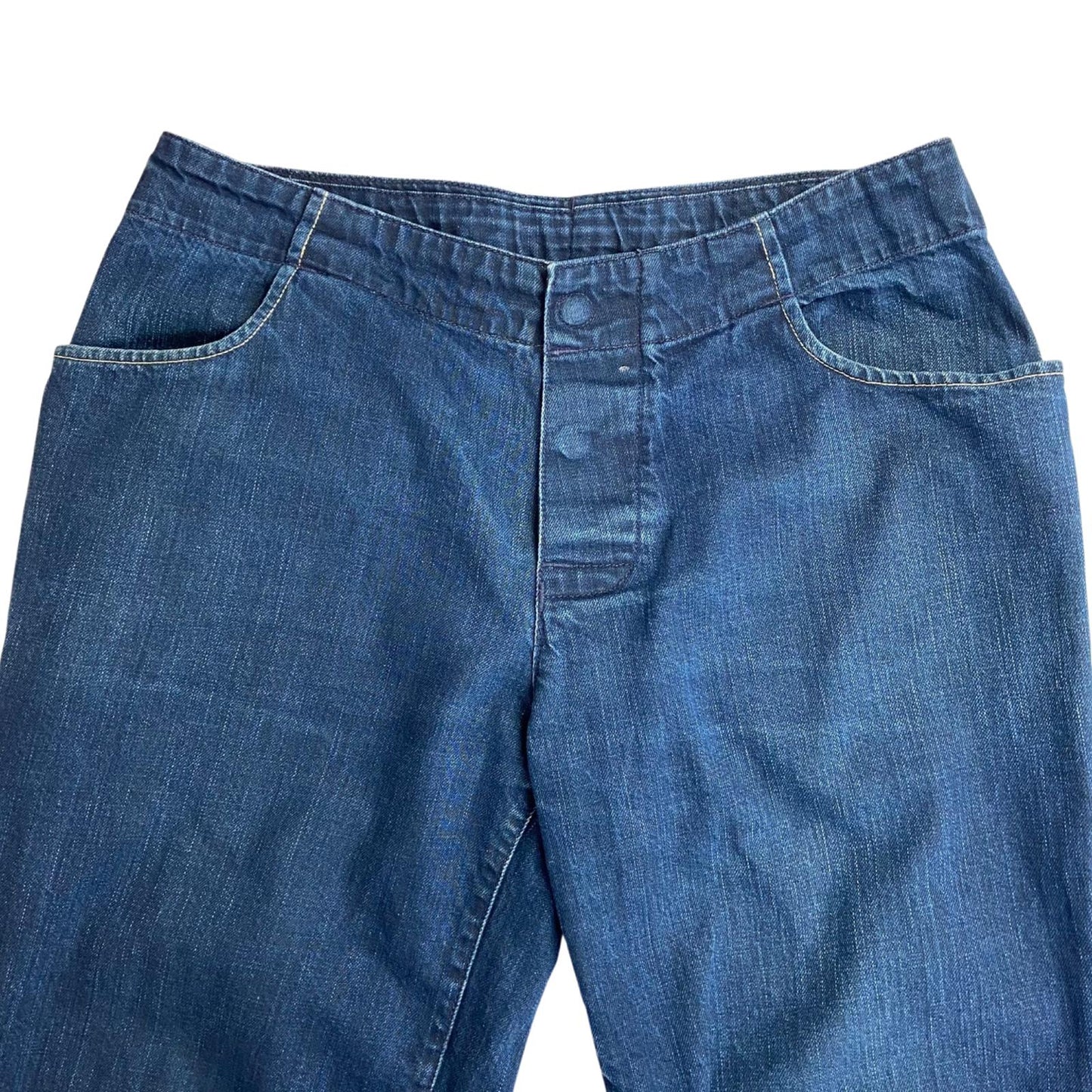 VTG LEVIS 3/4 LEG BAGGY SKATER JEANS DARK INDIGO SCREEN PRINTED PATCH 34’W 25’L