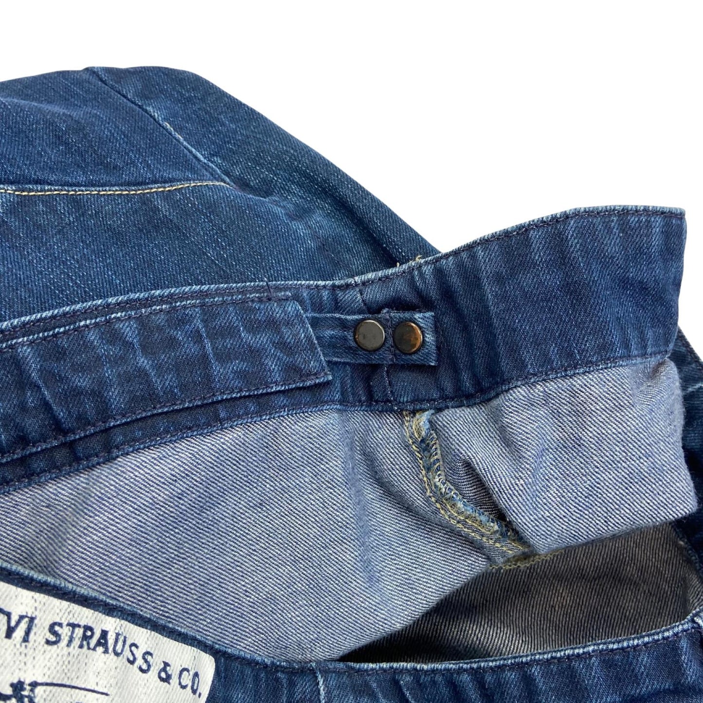 VTG LEVIS 3/4 LEG BAGGY SKATER JEANS DARK INDIGO SCREEN PRINTED PATCH 34’W 25’L