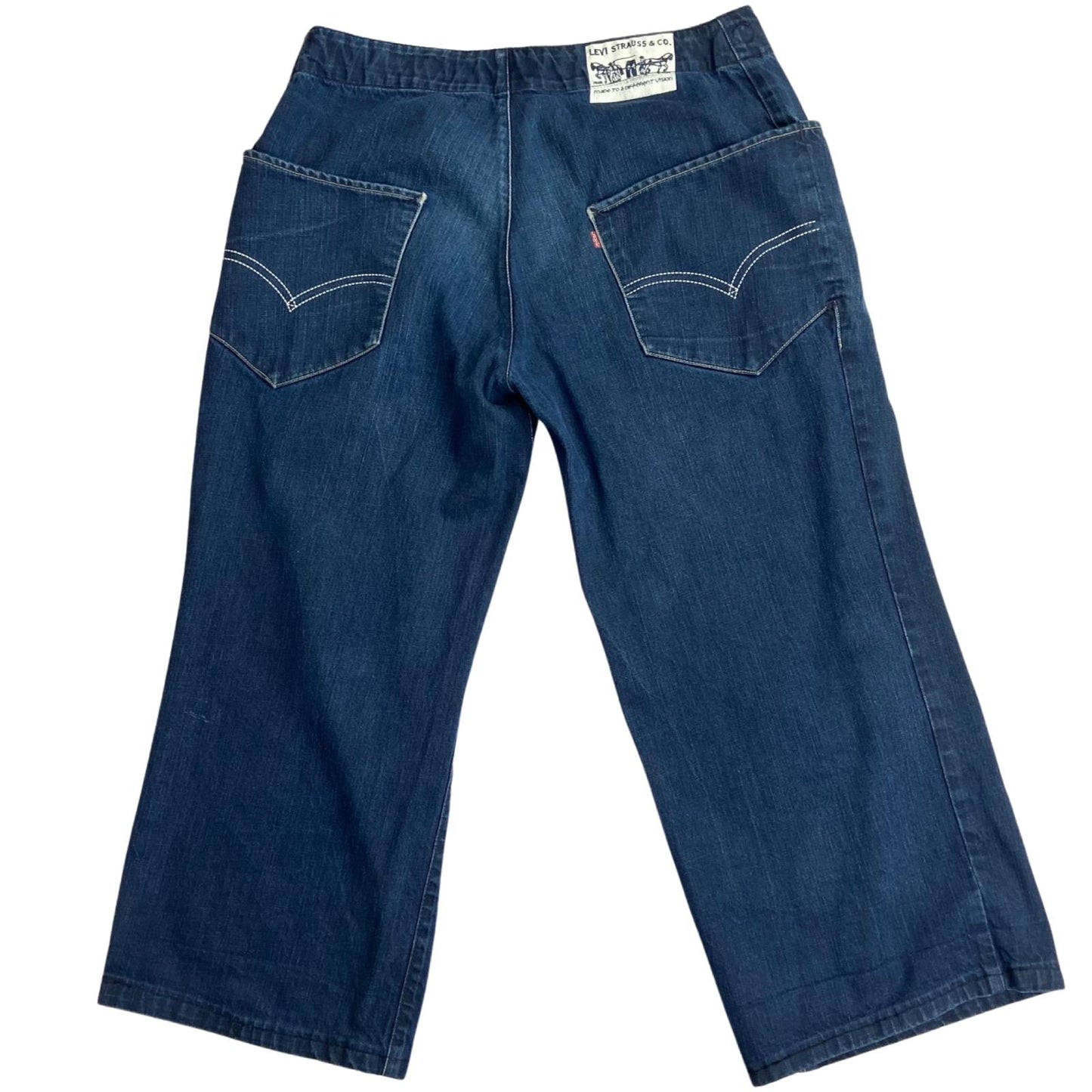 VTG LEVIS 3/4 LEG BAGGY SKATER JEANS DARK INDIGO SCREEN PRINTED PATCH 34’W 25’L