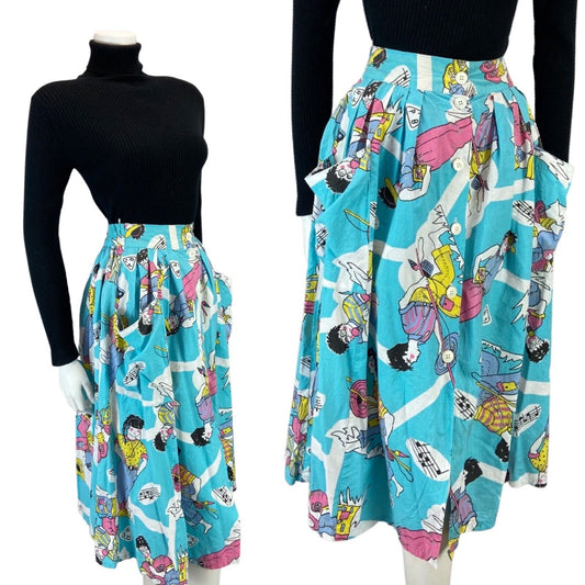 VINTAGE 80S BLUE GRAPHIC PRINT BOLD CARTOON SWING BUTTON DOWN MIDI SKIRT