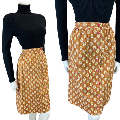 VINTAGE 70S 80S ORANGE YELLOW FLORAL BUTTON DOWN SWING MIDI SKIRT S 8 10