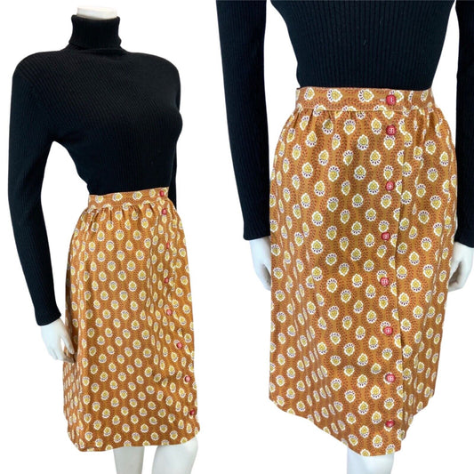 VINTAGE 70S 80S ORANGE YELLOW FLORAL BUTTON DOWN SWING MIDI SKIRT S 8 10