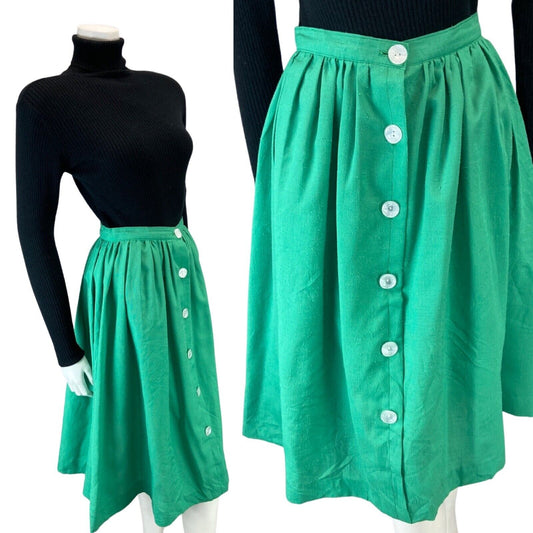 VINTAGE 80S GREEN BUTTON DOWN SWING MIDI SKIRT XS 6