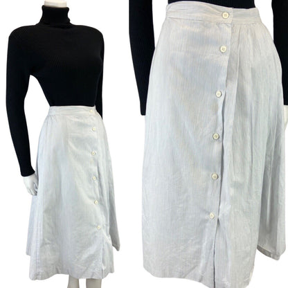 VINTAGE 80S 90S WHITE BLUE CACHAREL DESIGNER SWING MIDI BUTTON DOWN SKIRT 8 10 S