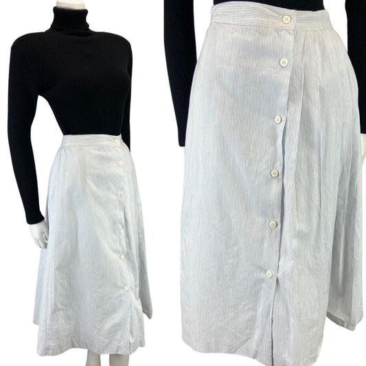VINTAGE 80S 90S WHITE BLUE CACHAREL DESIGNER SWING MIDI BUTTON DOWN SKIRT 8 10 S