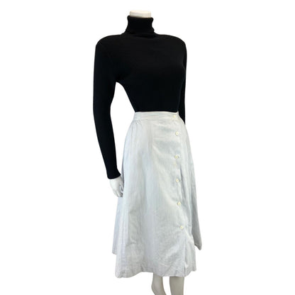 VINTAGE 80S 90S WHITE BLUE CACHAREL DESIGNER SWING MIDI BUTTON DOWN SKIRT 8 10 S