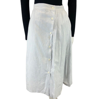 VINTAGE 80S 90S WHITE BLUE CACHAREL DESIGNER SWING MIDI BUTTON DOWN SKIRT 8 10 S