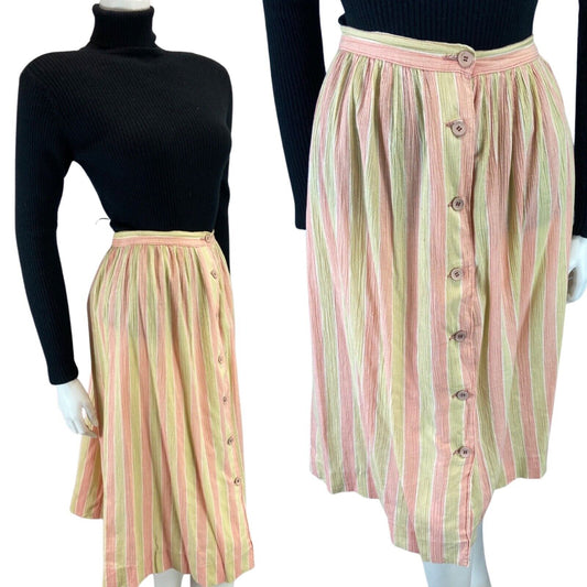 VINTAGE 80S PEACH PINK CREAM SWING  BUTTON DOWN MIDI SKIRT 8 10 S