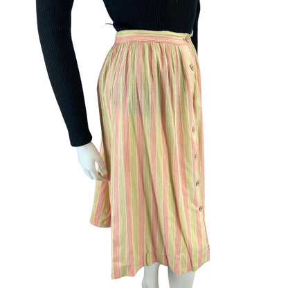 VINTAGE 80S PEACH PINK CREAM SWING  BUTTON DOWN MIDI SKIRT 8 10 S