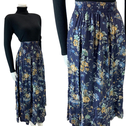 VINTAGE 90S NAVY BLUE LAURA ASHLEY FLROAL MAXI SKIRT XS 6