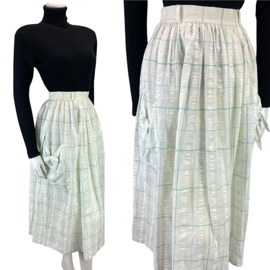 VINTAGE 80S WHITE BLUE GRID CHECK SWING POCKET MIDI SKIRT 8 10 S