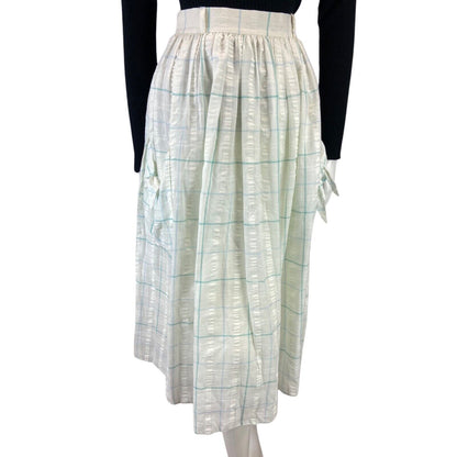 VINTAGE 80S WHITE BLUE GRID CHECK SWING POCKET MIDI SKIRT 8 10 S