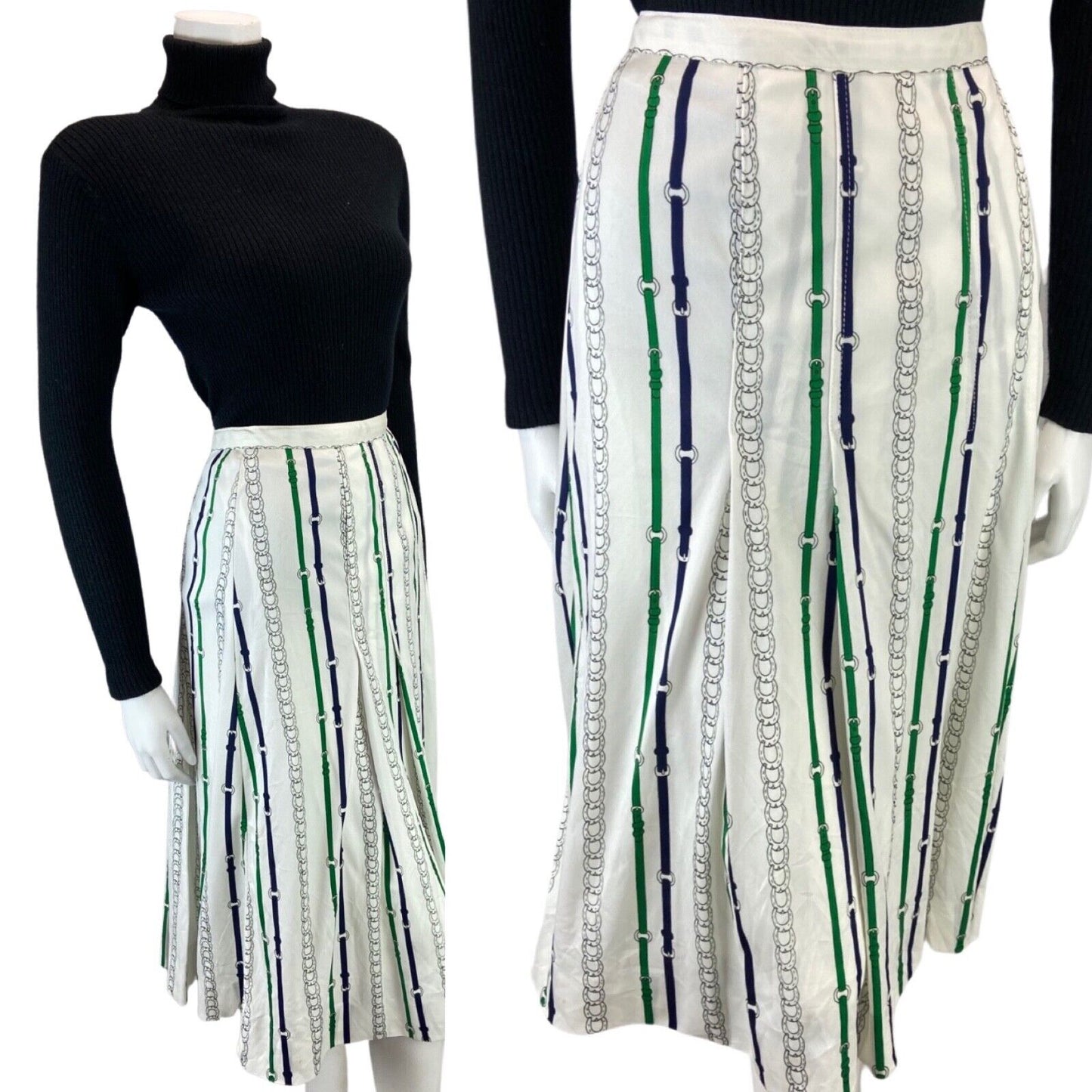 VINTAGE 70s 80S WHITE GREEN STRIPE HORSE SHOE CHAIN MIDI SWING SKIRT S 8 10 S