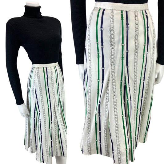 VINTAGE 70s 80S WHITE GREEN STRIPE HORSE SHOE CHAIN MIDI SWING SKIRT S 8 10 S
