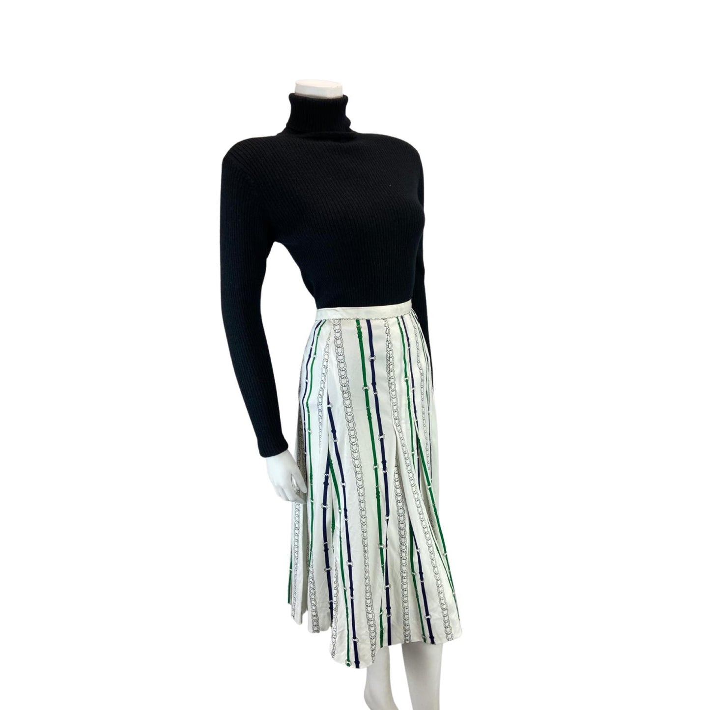 VINTAGE 70s 80S WHITE GREEN STRIPE HORSE SHOE CHAIN MIDI SWING SKIRT S 8 10 S