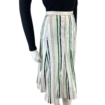 VINTAGE 70s 80S WHITE GREEN STRIPE HORSE SHOE CHAIN MIDI SWING SKIRT S 8 10 S
