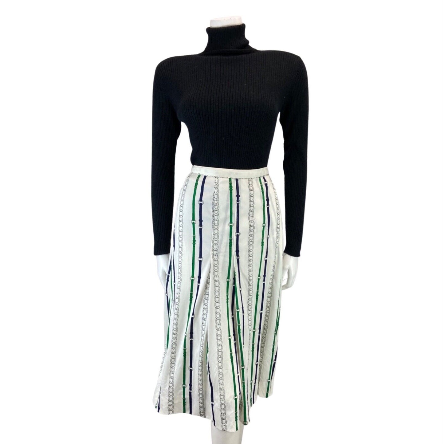 VINTAGE 70s 80S WHITE GREEN STRIPE HORSE SHOE CHAIN MIDI SWING SKIRT S 8 10 S