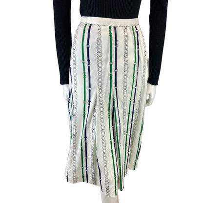 VINTAGE 70s 80S WHITE GREEN STRIPE HORSE SHOE CHAIN MIDI SWING SKIRT S 8 10 S