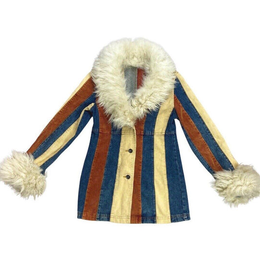 Vintage 90s Orange Blue Faux Fur Corduroy Striped Button Down Jacket 8 10 S