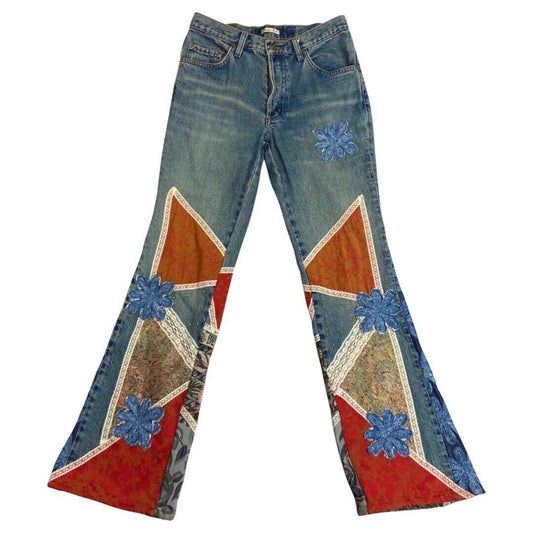 Vintage 90s Y2K Blue Denim Flared Mid Rise Embroidered Patchwork Jeans 10 S