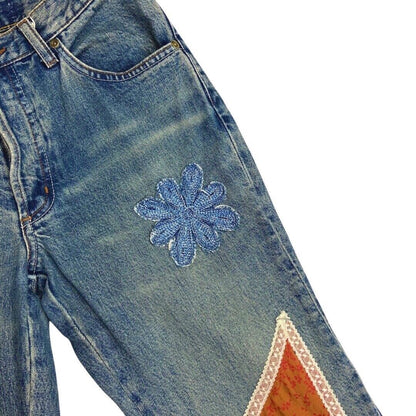 Vintage 90s Y2K Blue Denim Flared Mid Rise Embroidered Patchwork Jeans 10 S