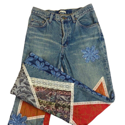 Vintage 90s Y2K Blue Denim Flared Mid Rise Embroidered Patchwork Jeans 10 S