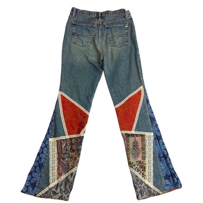 Vintage 90s Y2K Blue Denim Flared Mid Rise Embroidered Patchwork Jeans 10 S