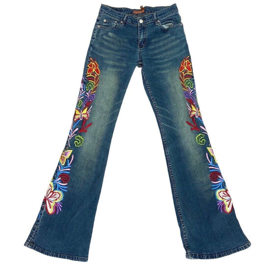 Vintage 90s Y2K Blue Denim Flared Mid Rise Embroidered Floral Jeans 8 S
