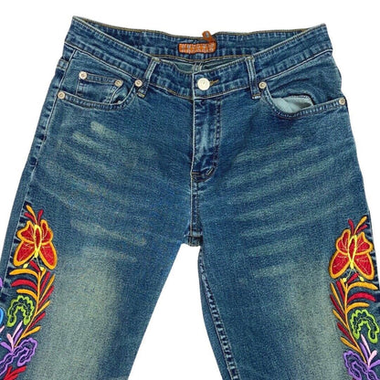 Vintage 90s Y2K Blue Denim Flared Mid Rise Embroidered Floral Jeans 8 S