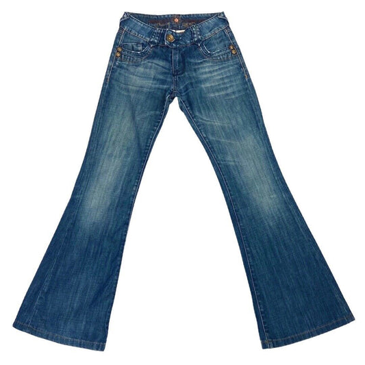 Vintage 90s Y2K Blue Denim Flared Embroidered Mid Rise Jeans 6 XS