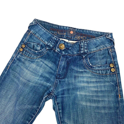 Vintage 90s Y2K Blue Denim Flared Embroidered Mid Rise Jeans 6 XS