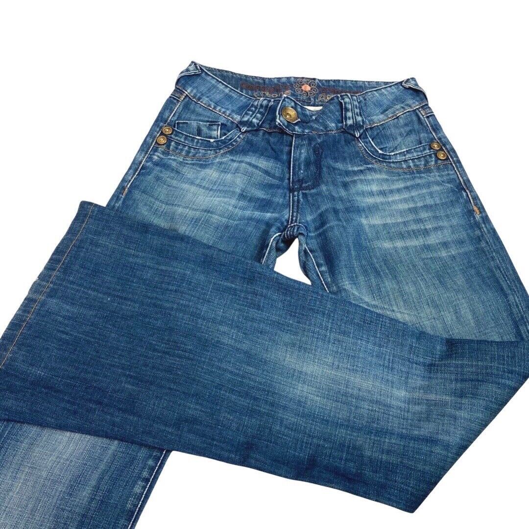Vintage 90s Y2K Blue Denim Flared Embroidered Mid Rise Jeans 6 XS