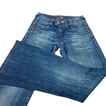 Vintage 90s Y2K Blue Denim Flared Embroidered Mid Rise Jeans 6 XS
