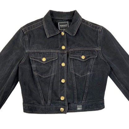 Vintage 90s Black Versace Jeans Denim Button Down Crop Jacket 12 14 M