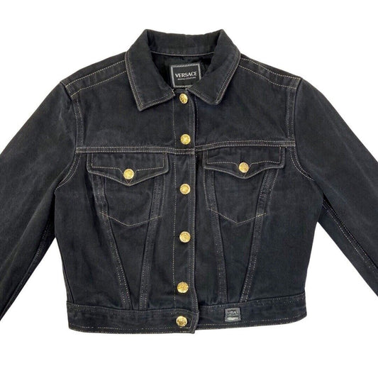 Vintage 90s Black Versace Jeans Denim Button Down Crop Jacket 12 14 M