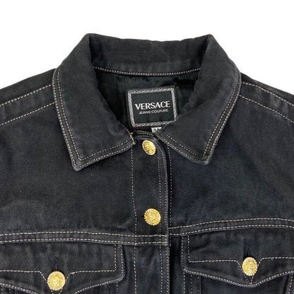 Vintage 90s Black Versace Jeans Denim Button Down Crop Jacket 12 14 M