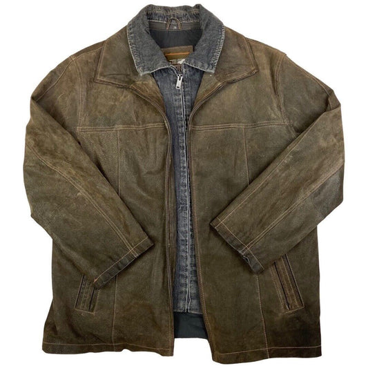 Vintage 90s Brown Leather Zip Down Jacket Denim Lining XXL