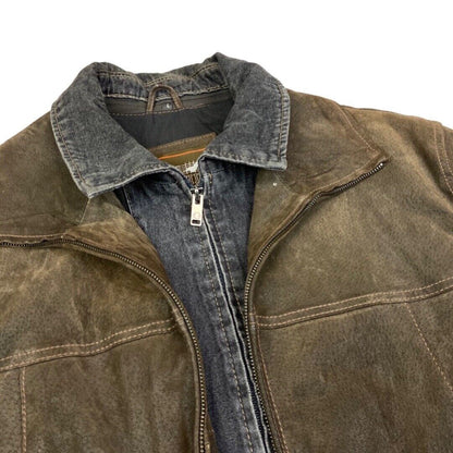 Vintage 90s Brown Leather Zip Down Jacket Denim Lining XXL