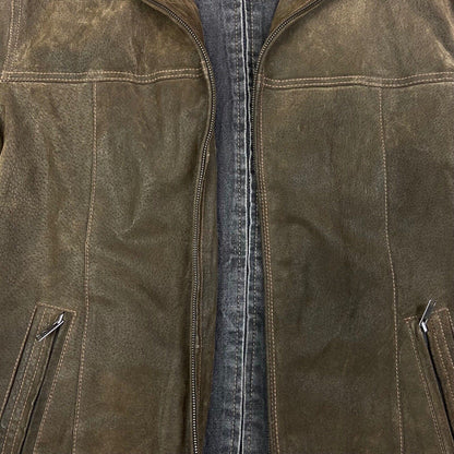 Vintage 90s Brown Leather Zip Down Jacket Denim Lining XXL
