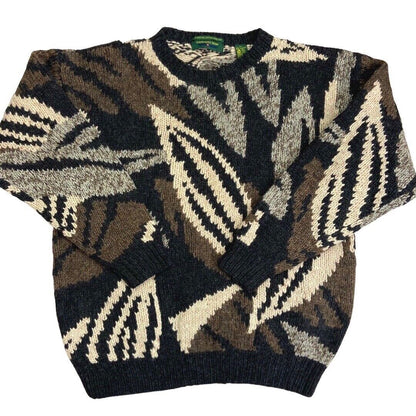 Vintage 90s Brown Grey Patterned Handknit Wool Jumper  XL