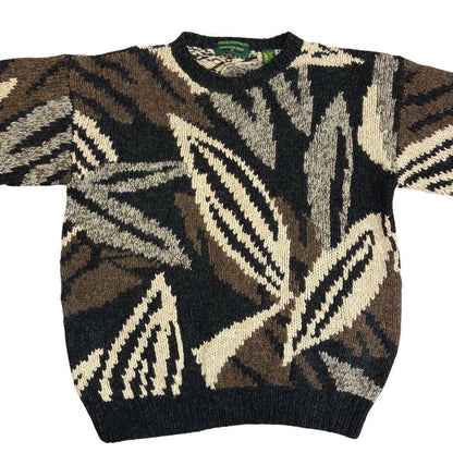 Vintage 90s Brown Grey Patterned Handknit Wool Jumper  XL