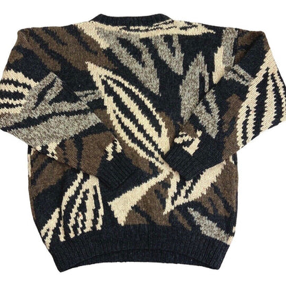 Vintage 90s Brown Grey Patterned Handknit Wool Jumper  XL