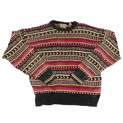 Vintage 80s 90s Pink Yellow Geometric Style Patterned Knit Jumper  L