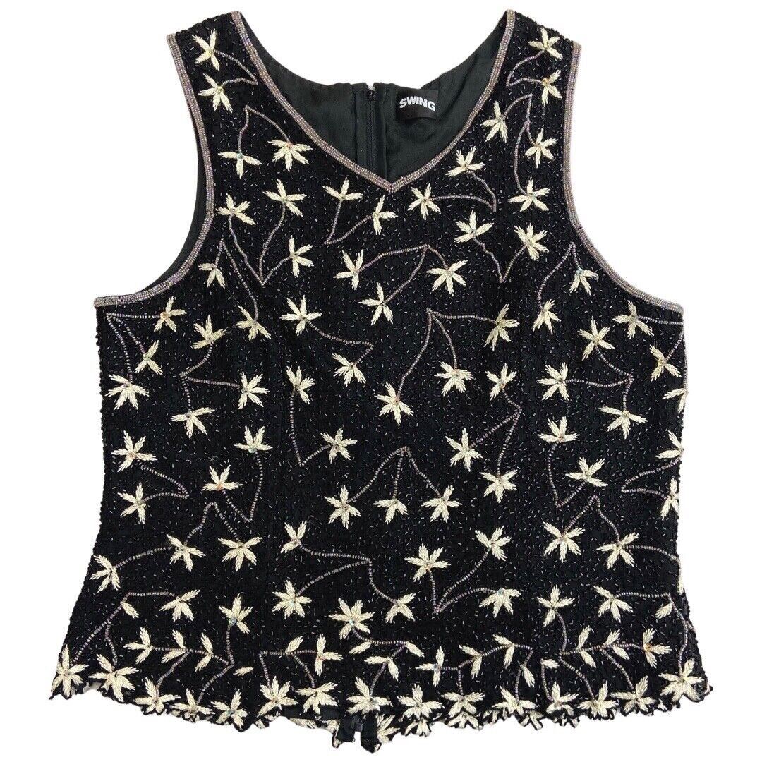 Vintage 90s Black Floral Embellished Sparkly Disco Top 12 14 M