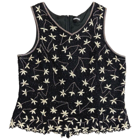 Vintage 90s Black Floral Embellished Sparkly Disco Top 12 14 M