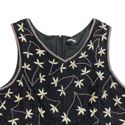 Vintage 90s Black Floral Embellished Sparkly Disco Top 12 14 M