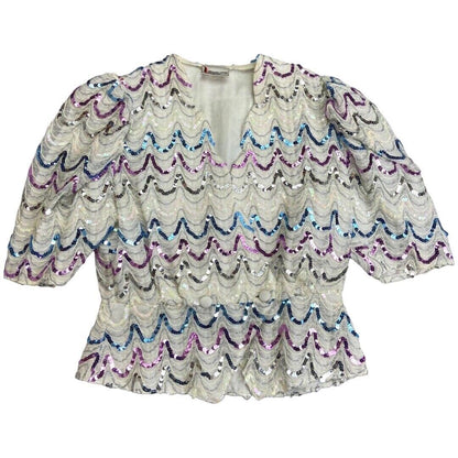 Vintage 80s White Sequin Puff Sleeve Embellished Party Blouse 12 14 M
