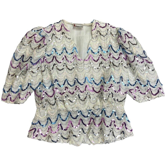Vintage 80s White Sequin Puff Sleeve Embellished Party Blouse 12 14 M